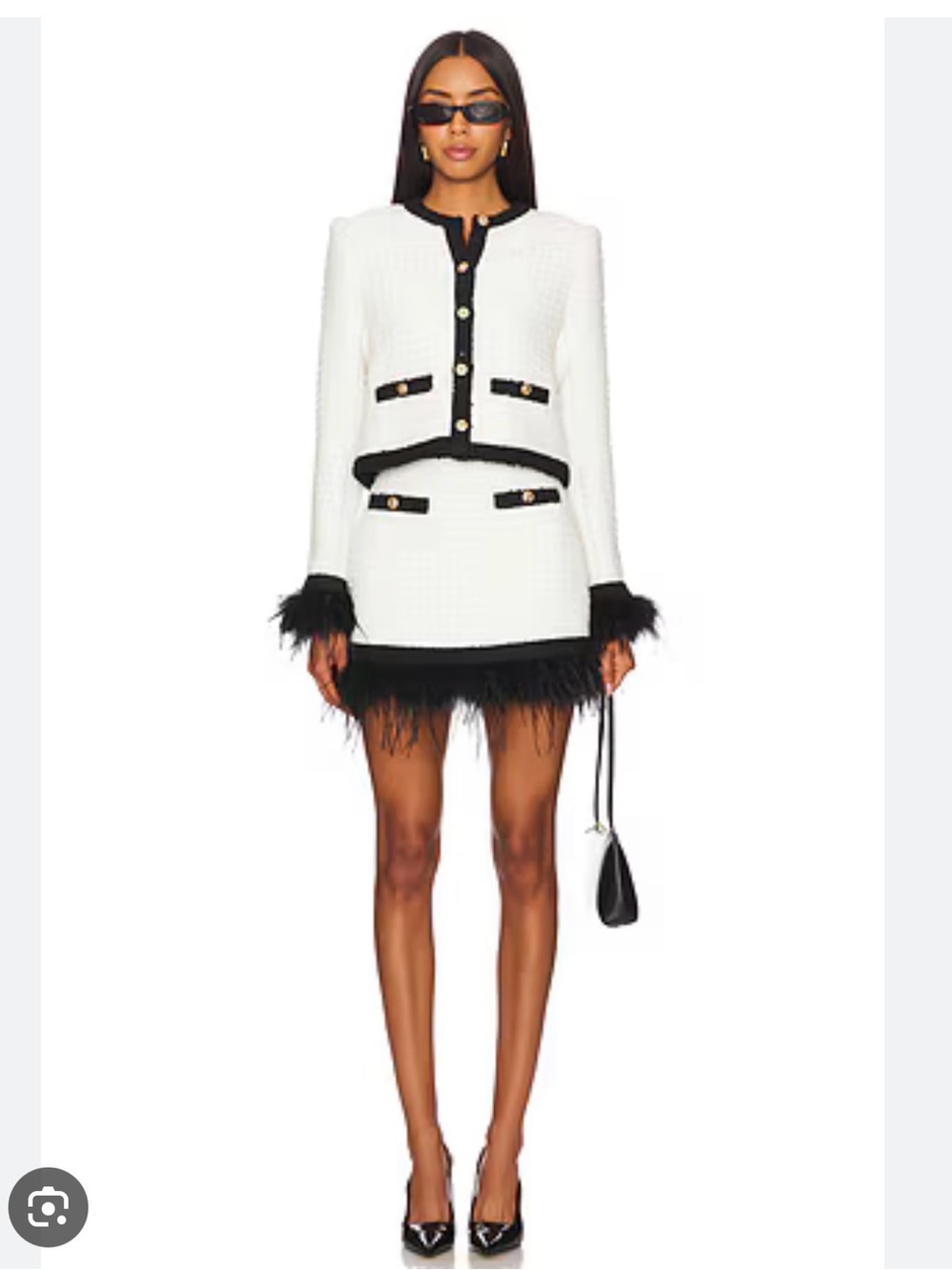 SAYLOR White and Black Feather-Trim Tweed Jacket & Skirt Set